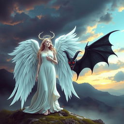 A beautiful and ethereal angel with white wings standing next to a dark and menacing demon with red eyes and black wings