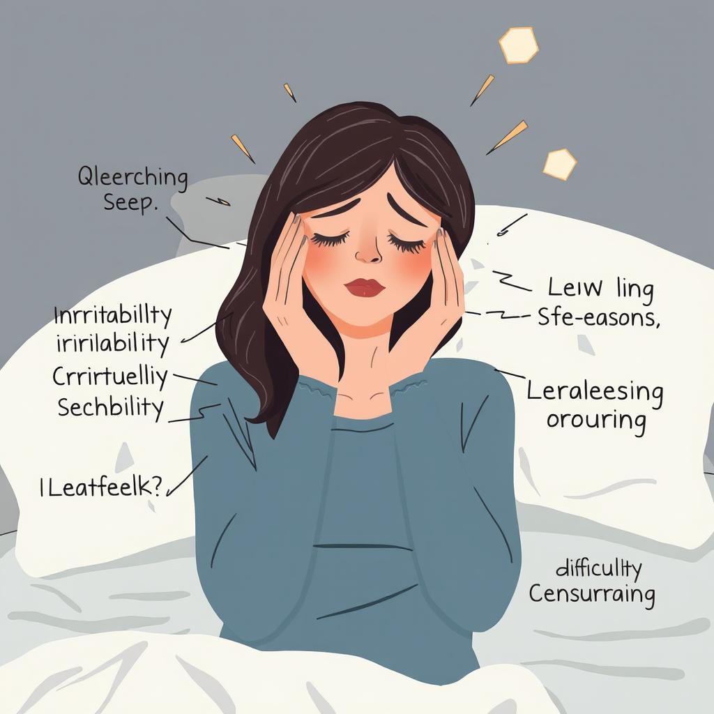 A woman experiencing sleep problems, irritability, low self-esteem, depression, and difficulties concentrating