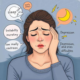 A woman experiencing sleep problems, irritability, low self-esteem, depression, and difficulties concentrating