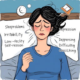 A woman experiencing sleep problems, irritability, low self-esteem, depression, and difficulties concentrating