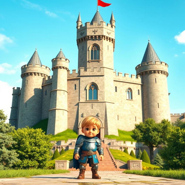 A medieval castle with a cute boy warrior standing in front