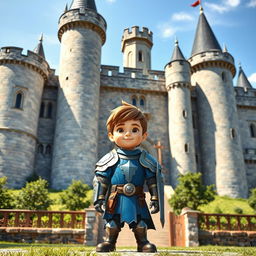 A medieval castle with a cute boy warrior standing in front