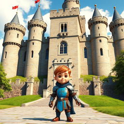 A medieval castle with a cute boy warrior standing in front