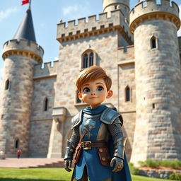 A medieval castle with a cute boy warrior standing in front