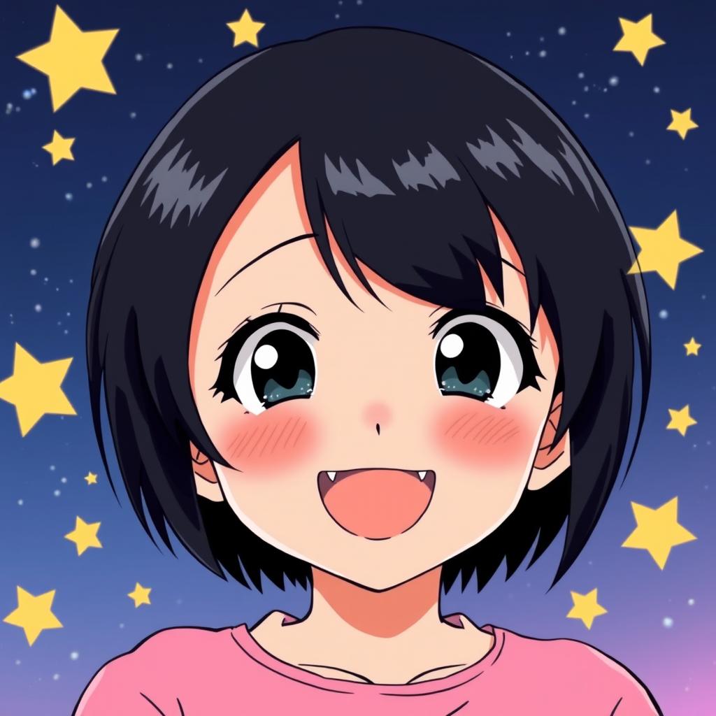 A happy girl in the style of 90s anime with very short black hair, surrounded by stars