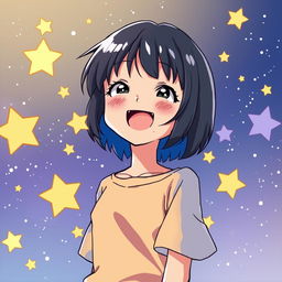 A happy girl in the style of 90s anime with very short black hair, surrounded by stars