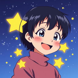 A happy girl in the style of 90s anime with very short black hair, surrounded by stars