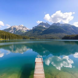 A beautiful landscape featuring a serene lake surrounded by lush green forests and majestic mountains in the background