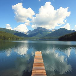 A beautiful landscape featuring a serene lake surrounded by lush green forests and majestic mountains in the background