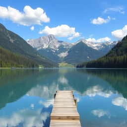 A beautiful landscape featuring a serene lake surrounded by lush green forests and majestic mountains in the background