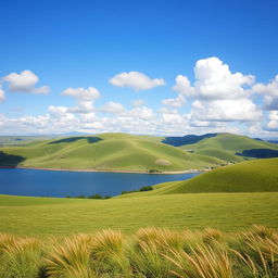 A beautiful landscape featuring rolling hills, a serene lake, and a clear blue sky with fluffy white clouds