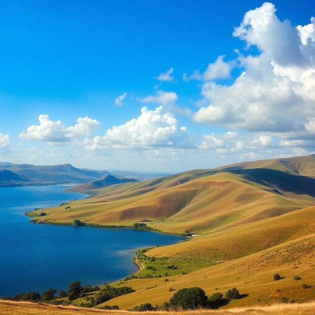 A beautiful landscape featuring rolling hills, a serene lake, and a clear blue sky with fluffy white clouds