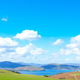 A beautiful landscape featuring rolling hills, a serene lake, and a clear blue sky with fluffy white clouds