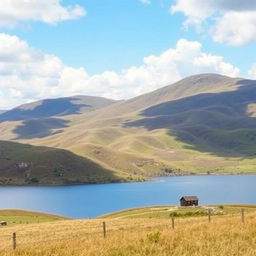 A beautiful landscape featuring rolling hills, a serene lake, and a clear blue sky with fluffy white clouds