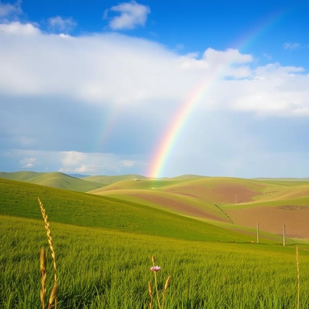 A beautiful landscape with rolling hills, a clear blue sky, and a vibrant rainbow stretching across the horizon