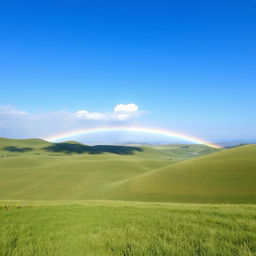 A beautiful landscape with rolling hills, a clear blue sky, and a vibrant rainbow stretching across the horizon