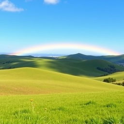 A beautiful landscape with rolling hills, a clear blue sky, and a vibrant rainbow stretching across the horizon