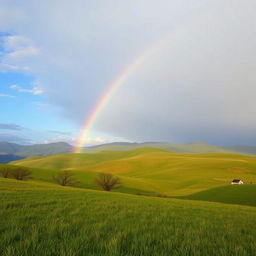 A beautiful landscape with rolling hills, a clear blue sky, and a vibrant rainbow stretching across the horizon