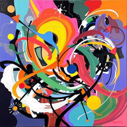 A vibrant abstract painting featuring a mix of bold colors and dynamic shapes