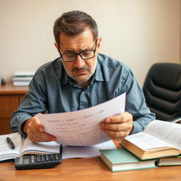 A man with a worried expression is doing calculations