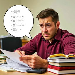 A man with a worried expression is doing calculations