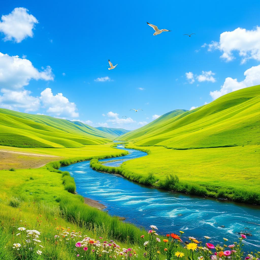 A serene landscape with a clear blue sky, green rolling hills, and a sparkling river running through it