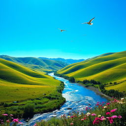 A serene landscape with a clear blue sky, green rolling hills, and a sparkling river running through it