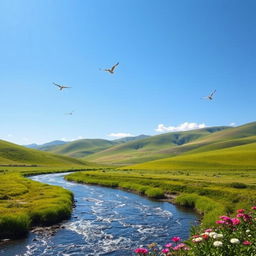 A serene landscape with a clear blue sky, green rolling hills, and a sparkling river running through it