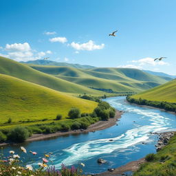 A serene landscape with a clear blue sky, green rolling hills, and a sparkling river running through it