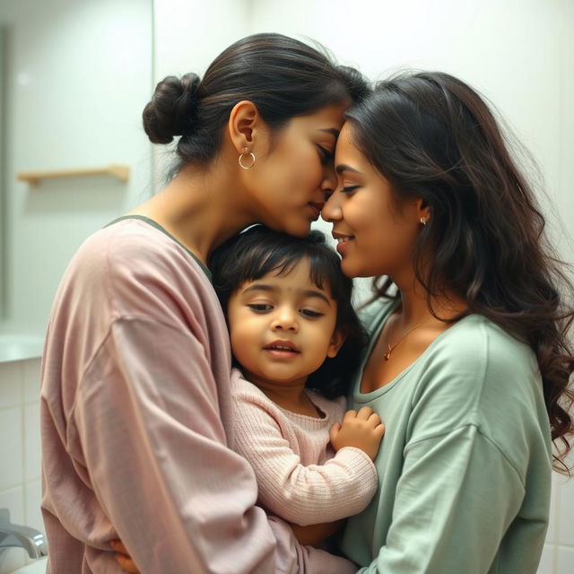 A tender moment between an Indian mom and her daughter in a bathroom