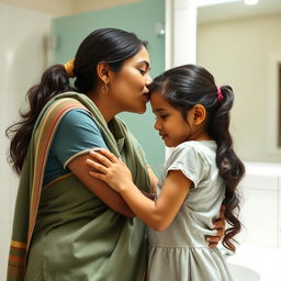 A tender moment between an Indian mom and her daughter in a bathroom