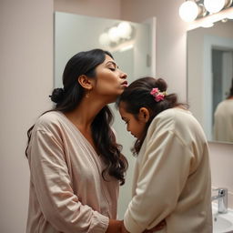 A tender moment between an Indian mom and her daughter in a bathroom