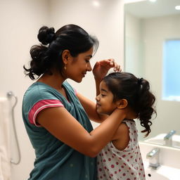 A tender moment between an Indian mom and her daughter in a bathroom