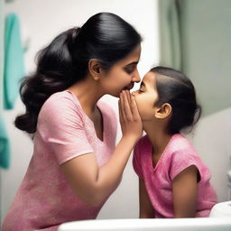 A tender moment between an Indian mom and her daughter in a bathroom