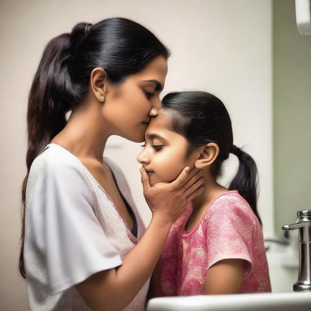 A tender moment between an Indian mom and her daughter in a bathroom