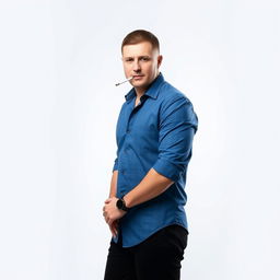 A Russian man wearing a blue shirt and black pants, with a cigarette in his mouth and a watch on his wrist