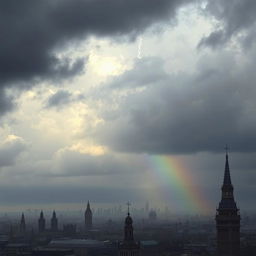 A detailed view of Victorian era London with a moody, cloud-filled sky