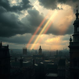 A detailed view of Victorian era London with a moody, cloud-filled sky