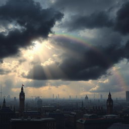 A detailed view of Victorian era London with a moody, cloud-filled sky