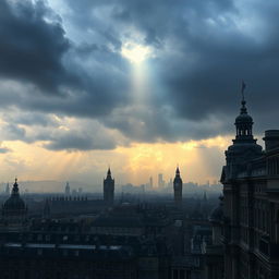 A detailed view of Victorian era London with a moody, cloud-filled sky