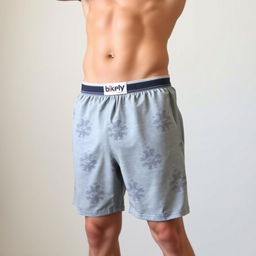 A man wearing boxer shorts, standing in a casual pose