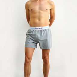 A man wearing boxer shorts, standing in a casual pose