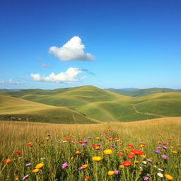 A beautiful landscape with rolling green hills under a clear blue sky