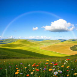 A beautiful landscape with rolling green hills under a clear blue sky