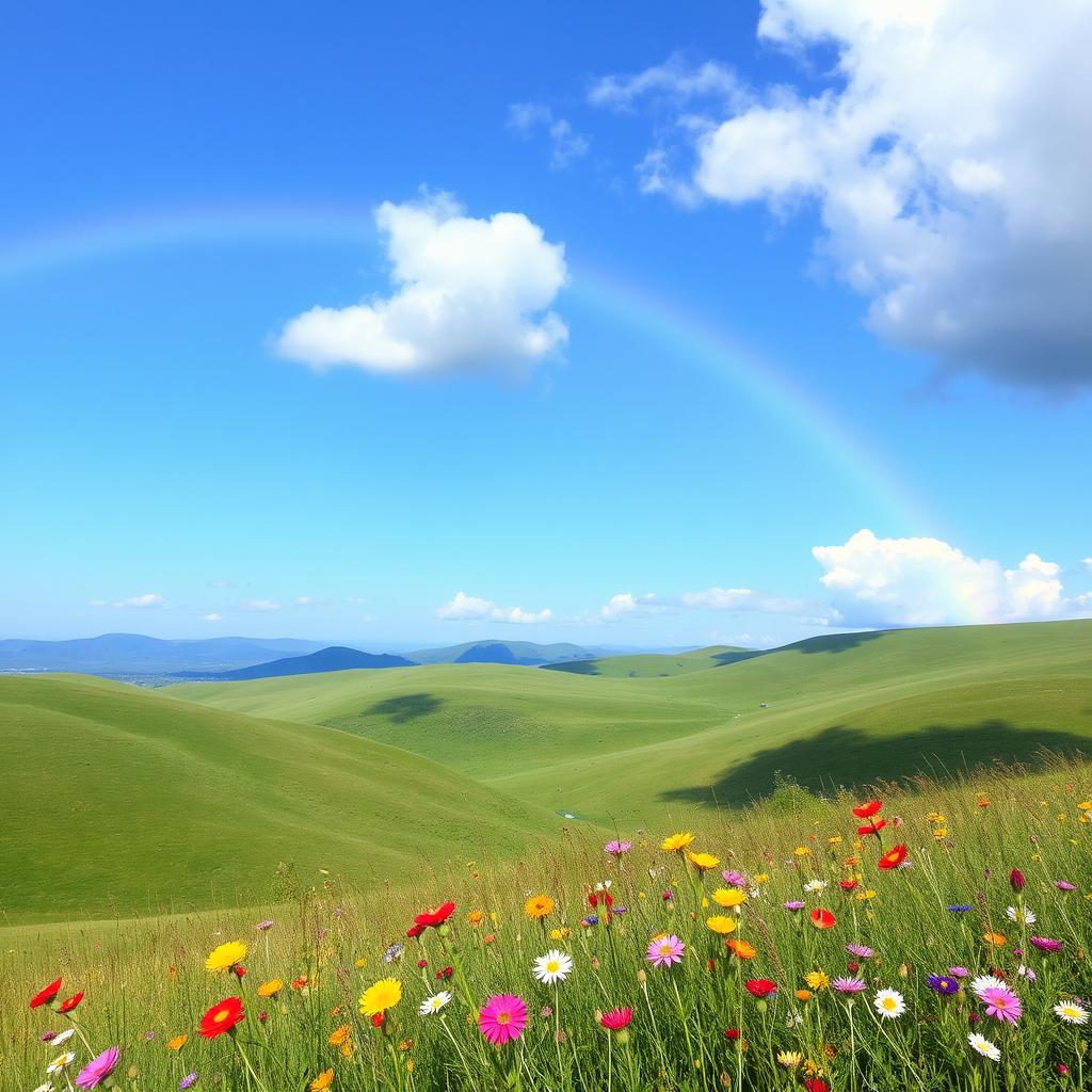 A beautiful landscape with rolling green hills under a clear blue sky