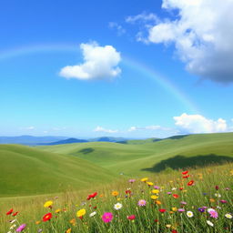 A beautiful landscape with rolling green hills under a clear blue sky