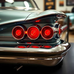 A detailed image of a 1958 Oldsmobile with vibrant rocker red taillights