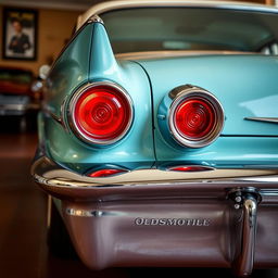 A detailed image of a 1958 Oldsmobile with vibrant rocker red taillights