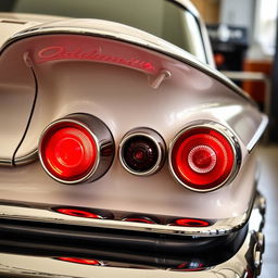 A detailed image of a 1958 Oldsmobile with vibrant rocker red taillights