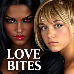 A female vampire with dark brown skin, red eyes, and black hair stands in front of a normal tan girl with dirty blonde hair styled in a butterfly cut